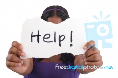 Girl Holding Card With Help Word Stock Photo