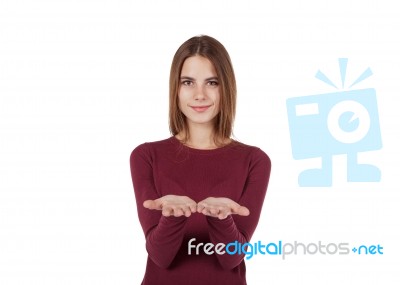 Girl In Red Sweater Shows Sign Good Stock Photo