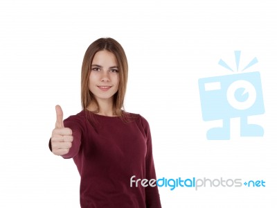 Girl In Red Sweater Shows Sign Good Stock Photo