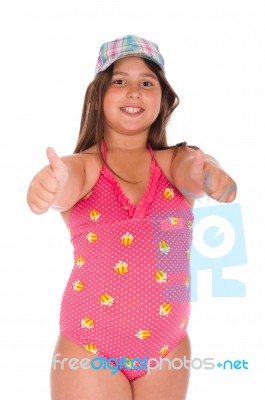 Girl In Swimsuit Showing Thumbs Up Stock Photo