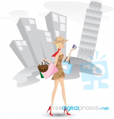 Girl Is Shopping With Credit Cards In Italy Stock Image