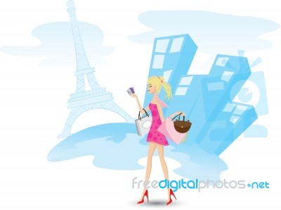 Girl Is Shopping With Credit Cards In Paris Stock Image