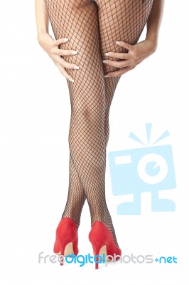 Girl Leg With Fishnet And High Heel Stock Photo