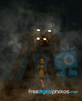 Girl Looking To A Giant Robot In Front Of Her,3d Illustration Stock Image