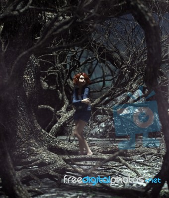 Girl Lost In The Haunted Forest,3d Rendering For Book Cover Stock Image