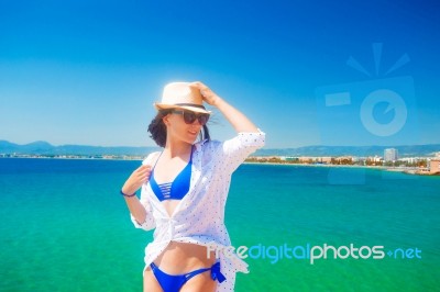 Girl On Sea Background Stock Photo