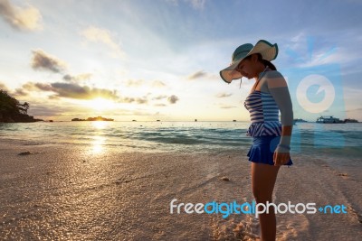 Girl On The Beach At Similan Island, Thailand Stock Photo