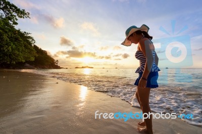 Girl On The Beach At Similan Island, Thailand Stock Photo