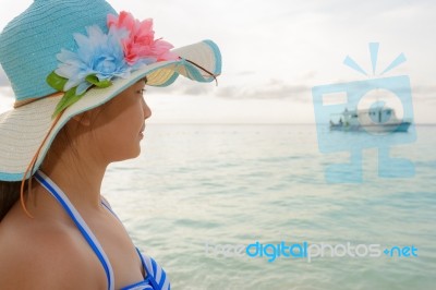 Girl On The Beach At Similan Island, Thailand Stock Photo