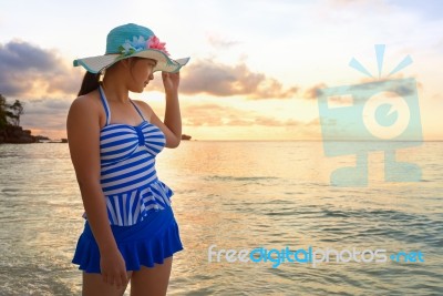 Girl On The Beach At Similan Island, Thailand Stock Photo