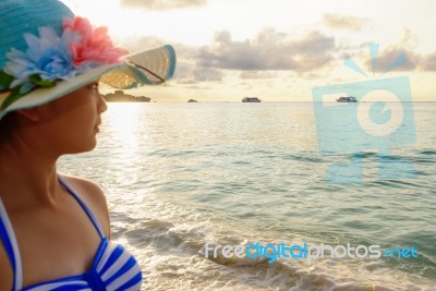 Girl On The Beach At Similan Island, Thailand Stock Photo