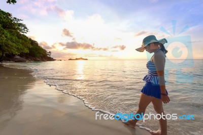 Girl On The Beach At Similan Island, Thailand Stock Photo