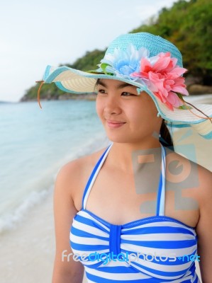 Girl On The Beach At Similan Island, Thailand Stock Photo