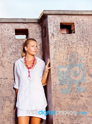 Girl Outdoor, White Dressed Stock Photo