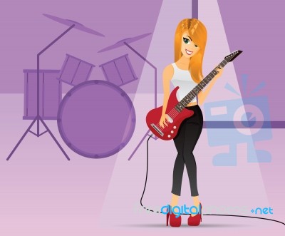 Girl Playing Electric Guitar On Stage Stock Image