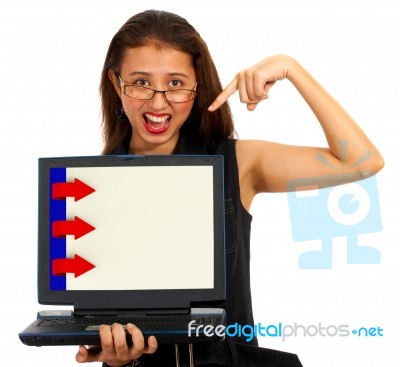 Girl Pointing Down The Laptop Stock Photo