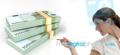 Girl Pointing European Currency Stock Photo