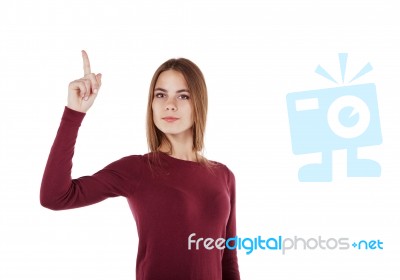 Girl Points Finger Up Stock Photo