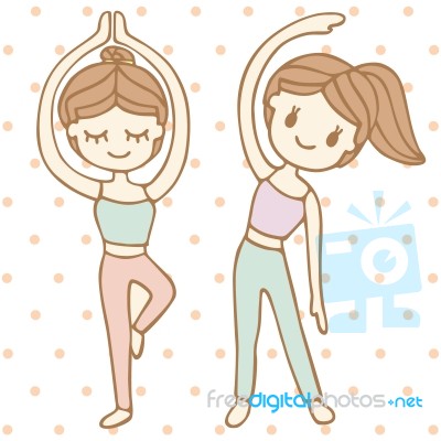 Girl Practising Yoga, Cartoon Illustration Stock Image