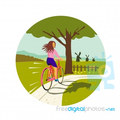 Girl Riding Bicycle Up Tree Circle Retro Stock Image