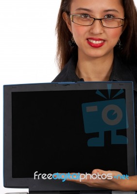 Girl Showing Computer Screen Stock Photo