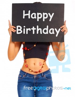 Girl Showing Happy Birthday Board Stock Photo