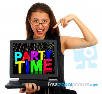 Girl Showing Party Time In Laptop Stock Photo