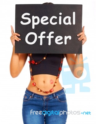 Girl Showing Special Offer Board Stock Photo