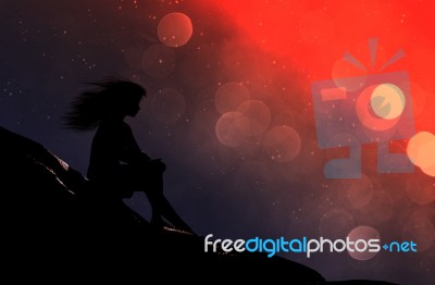 Girl Sitting Alone In Starry Night,3d Illustration Conceptual Background Stock Image