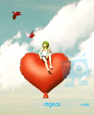 Girl Sitting On Red Heart Balloon And Looking At A Birds,3d Illustration Stock Image