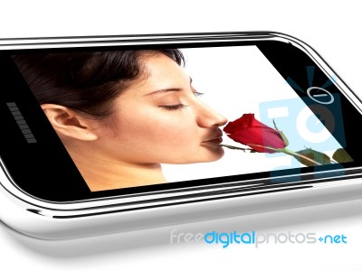 Girl Sniffing On Mobile Screen Stock Image