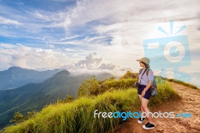 Girl Tourist Scenic Mountains Stock Photo