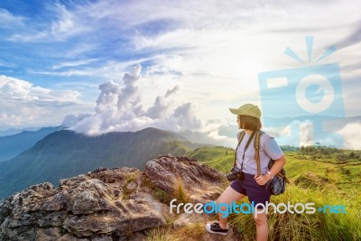 Girl Tourist Scenic Mountains Stock Photo