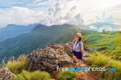 Girl Tourist Scenic Mountains Stock Photo