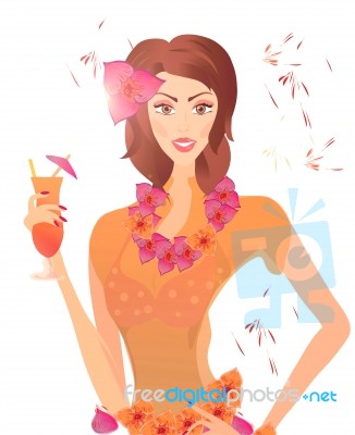 Girl With Cocktail And Flowers Stock Image