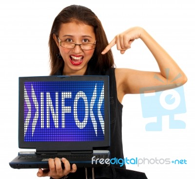 Girl With Info Word On Screen Stock Photo