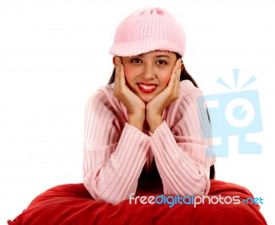 Girl With Knitted Hat And Jumper Stock Photo