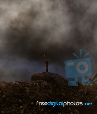 Girl With Torch Light Lost In Mystery Place Stock Image