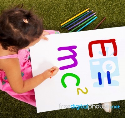 Girl Writing Formula Shows Learning Stock Photo