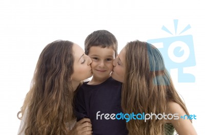 Girls Kissing Young Little Boy Stock Photo