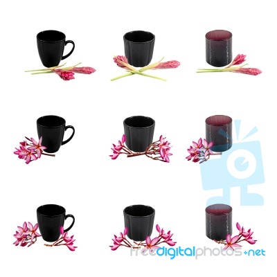 Glass & Ceramic Coffee Cup & Flowers Stock Photo