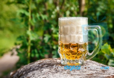 Glass Mug With Beer Standing On The Big Stone Stock Photo