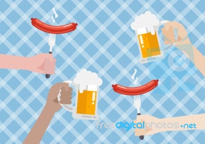 Glass Of Beer And Sausage On Blue Background Stock Image