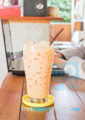 Glass Of Iced Thai Milk Tea Stock Photo