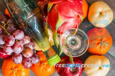 Glass Of Juice Put It To Many Fruits Stock Photo