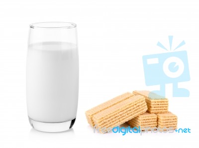 Glass Of Milk With Wafers  Isolated On White Background Stock Photo