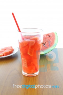 Glass Of Watermelon Juice On Table Stock Photo