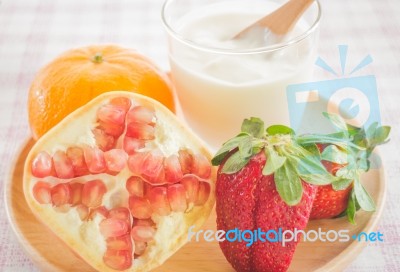 Glass Of Yogurt With Fresh Mix Fruit Stock Photo