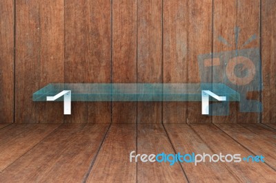 Glass Shelf On Old Wooden Texture Background Stock Photo