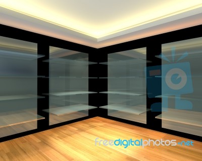 Glass Shelves In Black Empty Room Stock Image